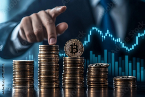 Businessman stacking Bitcoin coins with a financial chart in the background, symbolizing cryptocurrency investment and market trends.