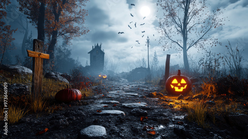 A dark, eerie pathway lit by glowing jack-o'-lanterns under a moonlit sky, perfect for a Halloween-themed scene.