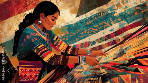 A scene of a Native American woman weaving a traditional blanket, with intricate patterns and vibrant colors