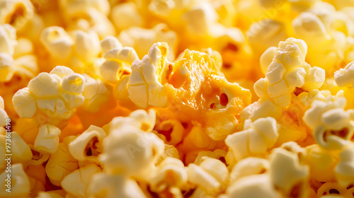 Close-up of buttery popcorn, with each kernel glistening with rich, melted butter