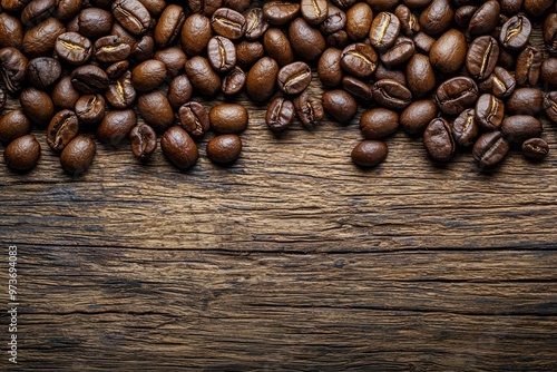 Coffee Beans Scattered on Rustic Wooden Surface