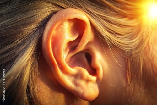 A close-up of a human ear, showcasing the intricate details of the outer ear, ear canal, and eardrum,