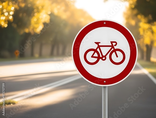 Bicycle road sign symbol indicating a dedicated cycling path in a scenic, tree-lined area (10)