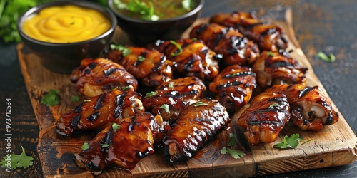 Spicy Mango Sauce and Coriander-Glazed Barbecue Chicken Wings on a Rustic Platter