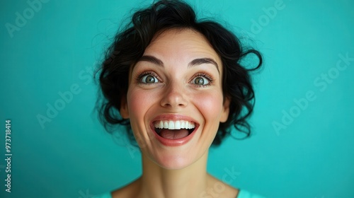 Joyful Middle-Aged Woman with Goofy Grin in Mint Green Dress