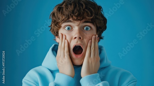 Surprised Teenage Boy in Sky Blue Hoodie with Hands on Face