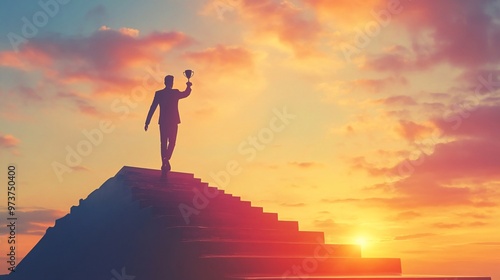 18. At the peak of a staircase, a businessman silhouette raises a trophy against the backdrop of a glowing sunset, embodying the spirit of success and organizational leadership