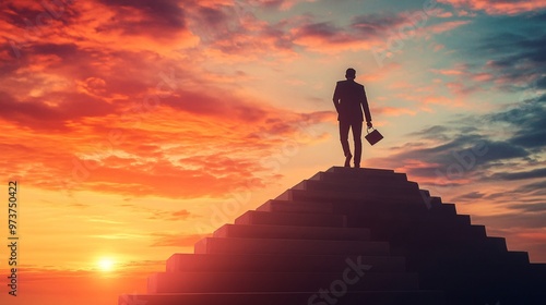 20. A victorious businessman silhouette with a trophy at the top of a staircase, the sunset casting a dramatic light, symbolizing the culmination of hard work and success