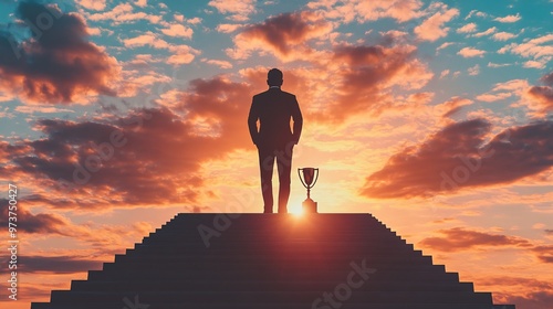 20. A victorious businessman silhouette with a trophy at the top of a staircase, the sunset casting a dramatic light, symbolizing the culmination of hard work and success