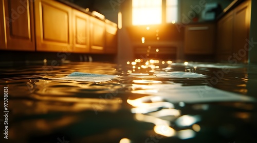 Water-soaked wooden cabinets with peeling paint, flooded kitchen floor with reflection, water dripping from ceiling, insurance paperwork on the counter, realism, soft lighting