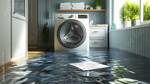 A disastrous laundry room flood, water flowing under the dryer, electrical outlets dangerously close, an insurance claim form on the floor