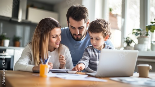 Family discussing mortgage refinancing options at home, responsible financial decisions