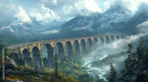 Majestic viaduct spanning a serene valley with mountains in the background.