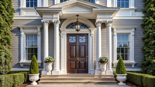 Elegance abounds at the entrance with a grand front door boasting intricate white trim, ornate molding, and subtle