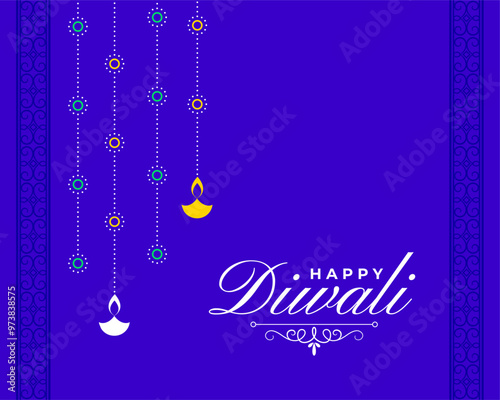 flat happy diwali festive purple background with hanging diya