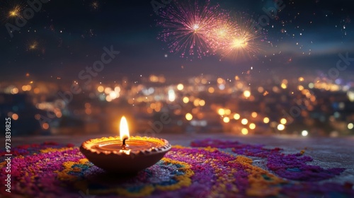 A single diya in the foreground surrounded by colorful rangoli, with fireworks lighting up the sky over a cityscape in the background. Copy space, Indian traditional festival happy Diwali