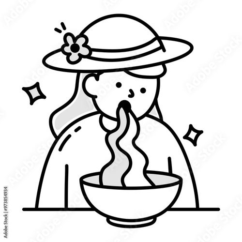 Hand drawn icon depicting a girl eating noodles