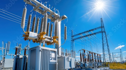 High Voltage Power Transmission Lines and Equipment Against a Blue Sky