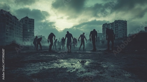 Halloween zombie apocalypse scene with zombies roaming in a deserted urban area