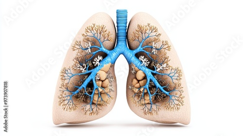 Medical Illustration of Infected Human Lung Showing Pneumonia in Cross-Section View