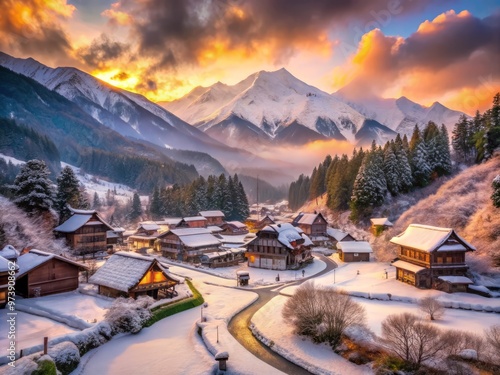 A serene and majestic snow-capped mountain landscape with a winding road and traditional Japanese village nestled in