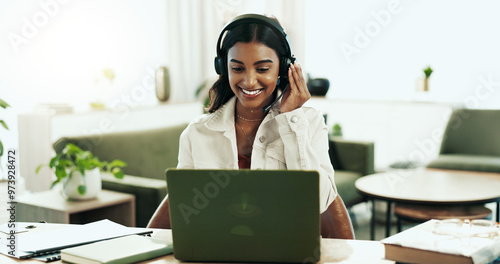 Woman, house and support with headphones in call centre for customer service, telemarketing and sales agent. Happy, advisor and headset for communication, client questions or e commerce advice of faq