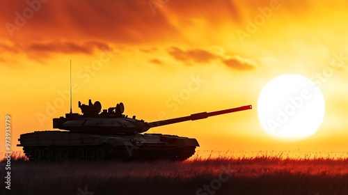 A silhouette of a military tank against a vibrant sunset sky, showcasing powerful imagery of strength and resilience.