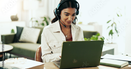 Woman, laptop and support with headphones in call centre for customer service, telemarketing and sale agent. Pride, advisor and headset for communication, client questions or e commerce advice of faq