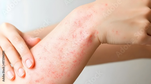 Close-up of a hand on a forearm showing skin irritation with red patches and blemishes, highlighting a common dermatological issue.