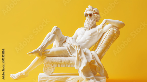 Ancient greek god white sculpture wearing fashionable sunglasses and laying on beach chair on yellow background 