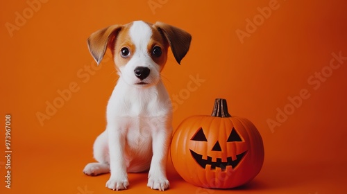 Adorable Puppy Playfully Posed with a Jack-o'-lantern on a Bright Orange Background. Festive Halloween Pet Portrait, Autumn Season, and Cheerful Canine Companionship.