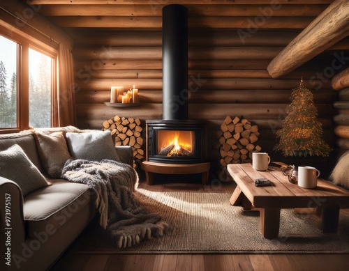 Interior de una cabaña de madera rústica con una chimenea encendida; confort en invierno