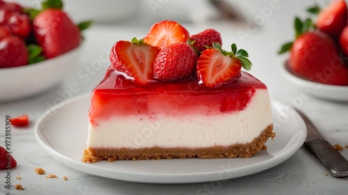 A slice of strawberry cheesecake with a buttery graham cracker crust, topped with fresh strawberry slices and a glossy strawberry sauce