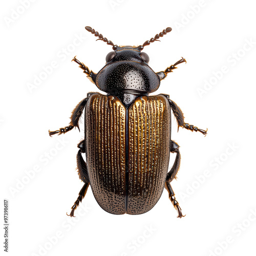 Close-Up of a Metallic Beetle with Detailed Texture and Shiny Exoskeleton on a Background