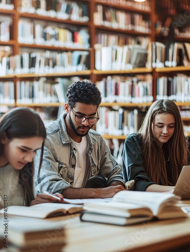 A lively assembly of students from various backgrounds collaborates in a vibrant library, exchanging ideas amidst a sea of books and digital resources.