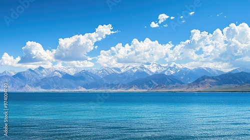 Stunning landscape showcasing the tranquil sea and majestic mountains under a clear blue sky with fluffy white clouds.