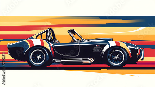 A classic black sports car with white and red racing stripes, driving on a blurred background of yellow and blue lines.