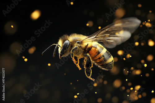 A honey bee in flight, covered in pollen, against a dark background with golden bokeh.