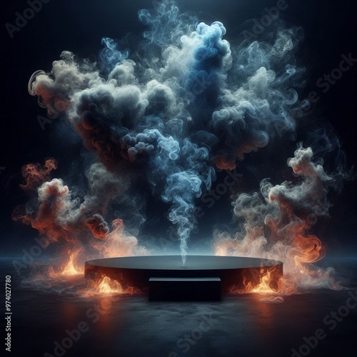 A 3D render of a black podium with dramatic scene of fire and smoke rising