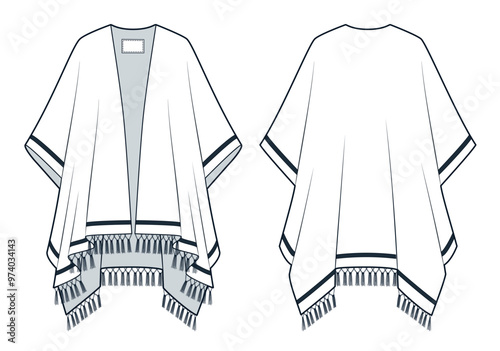 Poncho Coat technical fashion illustration. Cape Jacket fashion flat technical drawing template, tassel trim, front and back view, white, women, men, unisex CAD mockup.