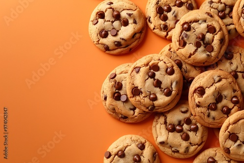 A pile of chocolate chip cookies on an orange background 