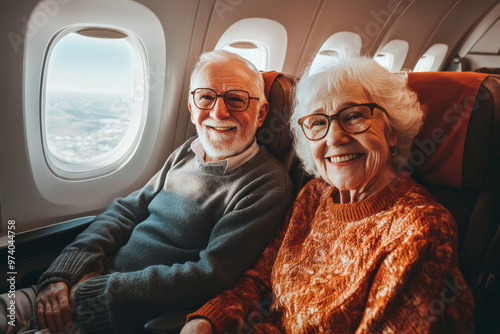 A smiling senior couple is enjoying their flight on a plane. Elderly people travelling for holidays. 