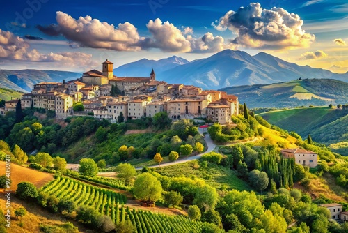 Breathtaking landscape of Abruzzo region in central Italy, featuring rolling hills, medieval towns, and Apennine