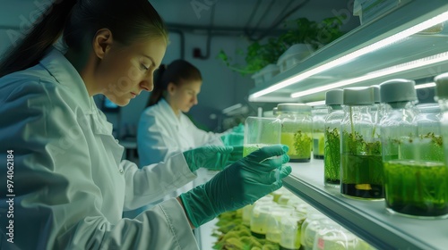 Algae biologists studying microalgae strains under controlled lab conditions