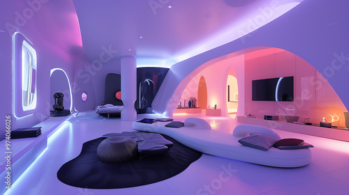 Living room with a futuristic design, featuring bold furniture shapes, neon lighting accents, and a monochromatic color scheme.