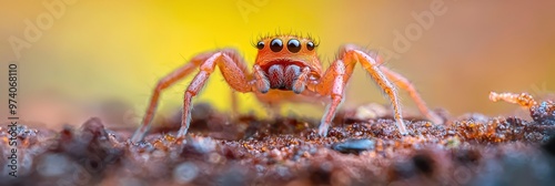  A tight shot of a tiny orange spider on a slice of wood, with droplets of water clinging to its faceted eyes