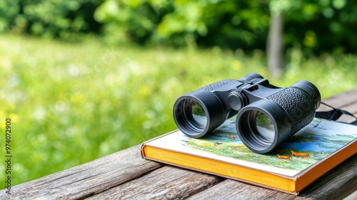 Black binoculars resting on a nature guidebook in a scenic park, birdwatching concept.