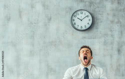 Tired Businessman Yawning Under Clock