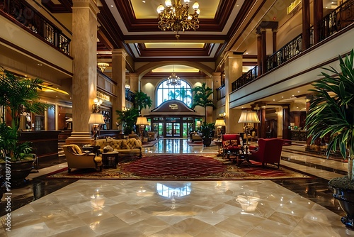 Elegant hotel lobby of a prestigious country club, with luxurious decor and entrance.