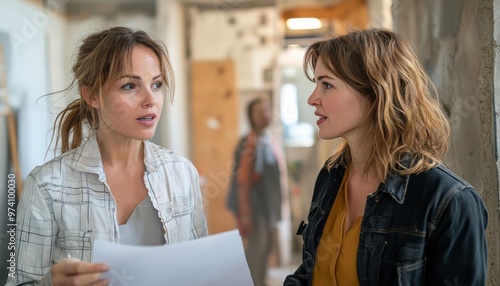 Two women engage in a serious conversation while holding papers in a rustic interior space, showcasing collaboration and creativity.